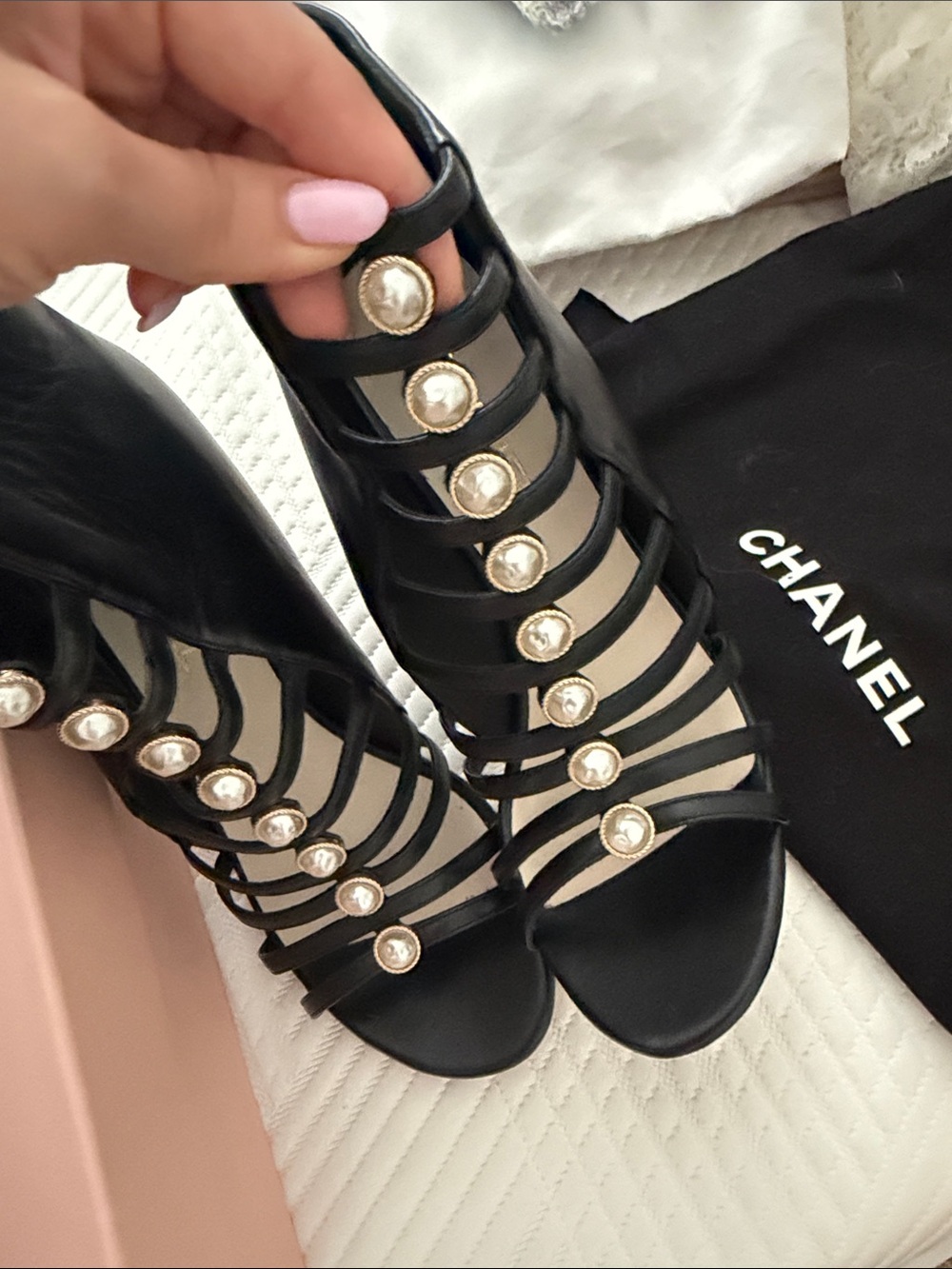 CHANEL Black Strappy Pearl-Button Heeled Sandals - Picture 3 of 4